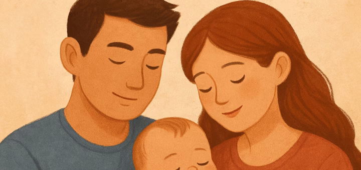 Ilustrasi digital keluarga muda yang hangat, dengan ayah dan ibu memeluk bayi, dan kutipan “Yang Datang Padamu Adalah Cermin Dirimu” di atasnya.
